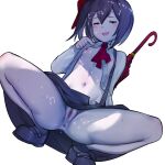  1girl :d anus ascot bangs black_footwear black_hair black_skirt blush bow breasts censored colored_skin commentary_request cookie_(touhou) cum cum_on_body cum_on_breasts cum_on_hair cum_on_legs dutch_angle full_body hair_bow highres jiyu_(jiyusi) looking_at_viewer mary_janes mosaic_censoring navel nipples open_clothes open_mouth open_shirt pussy pussy_juice red_ascot red_bow red_umbrella shirt shoes short_hair side_ponytail simple_background siyudi_(cookie) skirt small_breasts smile solo squatting sweat umbrella unbuttoned unbuttoned_shirt white_background white_shirt white_skin 