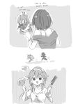  ... 3girls alternate_costume alternate_hairstyle bare_shoulders chasing closed_eyes collarbone comb dot_nose english_text fleeing gloves greyscale hair_dryer highres holding holding_comb holding_hair_dryer hololive hololive_english kisuu_(oddnumberr_) long_hair monochrome multiple_girls nanashi_mumei open_mouth ouro_kronii partially_fingerless_gloves ponytail short_hair sketch solid_circle_eyes spoken_ellipsis takanashi_kiara trembling triangle_mouth virtual_youtuber 