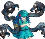  1girl :d backpack bag blue_eyes blue_headwear blue_skirt copyright_request cowboy_shot crossed_arms fang grin highres kawashiro_nitori mechanical_tentacles miniskirt okbnkn simple_background skirt smile solo tentacles touhou white_background 