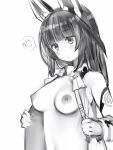 1girl bad_id bad_pixiv_id blush breasts closed_mouth copyright_request dot_nose greyscale head_tilt highres long_hair mechanical_ears medium_breasts monochrome nanashi_(nlo) nipples open_clothes open_shirt simple_background solo white_background 