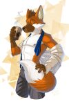  2022 absurd_res aggressive_retsuko anthro beverage bottomwear canid canine clothing coffee container cup fur gradient_background hi_res leo-artis lidded_eyes male mammal maned_wolf netflix ookami_(aggretsuko) pants sanrio simple_background solo triangle_(shape) 
