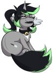  2019 alpha_channel alternate_species bell bell_collar cleaning_tool collar cutie_mark digital_media_(artwork) equid equine eyes_closed feather_duster feather_duster_in_mouth female feral grey_background hasbro hi_res horn mammal my_little_pony rileyisherehide simple_background sitting smile solo square_glasses tharkis transparent_background unicorn 