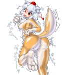  2021 blush breasts butt canid clothing female goo_transformation hair hat headgear headwear inner_ear_fluff looking_back mammal momiji_inubashiri on_one_leg red_eyes simple_background solo standing tagumi touhou transformation tuft video_games white_background white_hair 