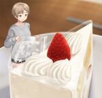  1girl blonde_hair blurry blurry_background cake food fruit green_eyes hashi holding minigirl original short_hair short_shorts shorts smile solo strawberry strawberry_shortcake 