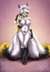  4_toes 5_fingers absurd_res anthro asian_mythology big_breasts black_body black_fur black_hair blonde_hair boots_(marking) breasts canid canine digital_media_(artwork) digitigrade east_asian_mythology facial_markings feet female fingers fox fox_spirit fur genitals gloves_(marking) gold_(metal) gold_jewelry golden_claws hair head_markings hi_res huge_breasts japanese_mythology jewelry leg_markings mammal markings mature_female mother multi_tail multicolored_body mythology nipple_piercing nipples nude parent piercing purple_eyes pussy seishin_yukiyama simple_background smile socks_(marking) solo toes toxicnightcandy white_body white_fur white_hair wide_hips womb_tattoo yōkai 