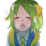  1girl ascot bangs blush bow closed_eyes collared_shirt commentary_request cookie_(touhou) daiyousei diyusi_(cookie) green_hair hair_bow high-visibility_vest highres jiyu_(jiyusi) medium_hair open_mouth oral_invitation ponytail saliva shirt simple_background solo tongue touhou upper_body uvula white_background white_shirt yellow_ascot yellow_bow 