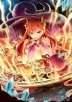 1girl armlet bracelet breasts cleavage copyright_name crystal hair_between_eyes horns jewelry lamia large_breasts long_hair magic_circle monster_girl nail_polish official_art pointy_ears red_eyes red_hair ring ronce solo staff very_long_hair z/x 