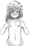  1girl asymmetrical_hair bangs blush breasts completely_nude eyebrows_visible_through_hair frilled_hat frills greyscale hair_between_eyes hat highres looking_at_viewer medium_hair momendoufu monochrome navel nipples nose_blush nude open_mouth shiki_eiki simple_background small_breasts solo tearing_up touhou upper_body 