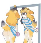  2022 animal_crossing anthro breasts butt canid clothing eyewear facial_markings fridge_(artist) gender_transformation genitals glasses head_markings hi_res isabelle_(animal_crossing) looking_at_mirror looking_at_object mammal markings mask_(marking) mirror mtf_transformation nintendo open_mouth palette_(palettethepainter) pattern_clothing penis solo species_transformation striped_clothing stripes surprise transformation video_games 