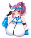  big_breasts blush breasts cakecatboy female hair horn horned_humanoid huge_breasts humanoid purple_hair simple_background solo unknown_character white_background yellow_eyes 