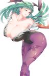  1girl animal_print bare_shoulders bat_print breasts clothing_cutout collarbone covered_nipples demon_girl demon_wings fur_trim gradient gradient_wings green_eyes green_hair half-closed_eyes head_wings highres long_hair low_wings morrigan_aensland multicolored_wings pantyhose parted_lips pointy_ears purple_legwear shiny shiny_clothes shiny_skin simple_background smile solo vampire_(game) wes white_background wings 