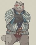  2022 anthro asian_clothing belly big_belly bodily_fluids canid canine clothing east_asian_clothing facial_hair fundoshi garouzuki japanese_clothing kemono male mammal mature_male mustache overweight overweight_male raccoon_dog red_clothing red_fundoshi red_underwear simple_background solo sweat tanuki underwear 