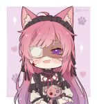  1girl :d animal_ear_fluff blood blush_stickers cat_girl chibi choker commentary english_commentary eyepatch frilled_choker frills gothic_lolita hairband highres indie_virtual_youtuber kukie-nyan lolita_fashion lolita_hairband maid_headdress medical_eyepatch mikeneko_(utaite) pink_hair purple_eyes shaded_face smile solo twitter_username virtual_youtuber yandere 