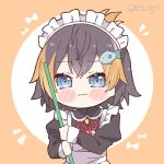  1girl :d alternate_costume apron bangs black_hair blue_eyes blush_stickers chibi commentary english_commentary enmaided fish_hair_ornament hair_between_eyes hair_ornament juliet_sleeves kukie-nyan long_sleeves looking_at_viewer maid maid_apron maid_headdress multicolored_hair nijisanji nijisanji_en orange_hair petra_gurin puffy_sleeves smile solo streaked_hair twitter_username virtual_youtuber white_apron 