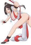  1girl :d ass bare_shoulders breasts brown_eyes brown_hair cleavage closed_fan fatal_fury folding_fan hand_fan high_ponytail highres japanese_clothes looking_at_viewer ninja pelvic_curtain ponytail revealing_clothes rope shigenobu shiranui_mai sideboob smile solo the_king_of_fighters 