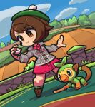  1girl blush bob_cut boots brick_wall brown_eyes brown_footwear brown_hair buttons cable_knit cardigan chibi closed_mouth cloud collared_dress commentary_request day dress gloria_(pokemon) green_headwear green_legwear grey_cardigan grookey hat holding holding_poke_ball hooded_cardigan ibara. outdoors pink_dress plaid plaid_legwear poke_ball poke_ball_(basic) pokemon pokemon_(creature) pokemon_(game) pokemon_swsh short_hair sky smile socks standing tam_o&#039;_shanter 