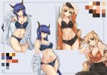  2girls absurdres animal_ears arknights arm_up bangs bare_shoulders black_bra black_headwear black_panties black_skirt blonde_hair blue_bra blue_hair blue_panties bra breasts casperrin ch&#039;en_(arknights) cleavage commentary cropped_legs dragon_horns dragon_tail drill_locks english_commentary eyebrows_visible_through_hair fang fang_out green_eyes grey_background head_tilt highres horns large_breasts long_hair looking_at_viewer low_twintails multiple_girls multiple_views navel off_shoulder open_clothes open_shirt orange_bra orange_shirt panties red_eyes shirt sidelocks simple_background skirt smile standing stomach swire_(arknights) tail thighs tiger_ears twintails underwear very_long_hair white_shirt 