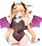  1girl 82jhin absurdres bat_hair_ornament black_gloves blonde_hair blue_eyes blush breasts bright_pupils choker cleavage collarbone demon_girl demon_horns demon_tail demon_wings elbow_gloves eyebrows_visible_through_hair gloves grin hair_ornament half-closed_eyes heart highres horns index_finger_raised korean_text large_breasts last_origin lips long_hair looking_at_viewer navel parted_lips smile solo tail teeth thetis_(last_origin) translation_request twintails white_pupils wings 