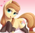  absurd_res bodily_fluids brown_hair clothing cream_heart_(mlp) equid equine female feral genital_fluids gradient_background hair hasbro hi_res horse legwear mammal mature_female my_little_pony pony pussy_juice simple_background thebatfang thigh_highs 