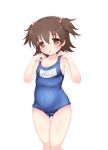  1girl akagi_miria arms_up ass_visible_through_thighs blue_swimsuit blush breasts brown_eyes brown_hair covered_navel hair_bobbles hair_ornament hands_on_own_shoulders highres hosizora_mikoto idolmaster idolmaster_cinderella_girls name_tag old_school_swimsuit one-piece_swimsuit open_mouth school_swimsuit short_hair simple_background small_breasts solo swimsuit thigh_gap thighs two_side_up white_background 