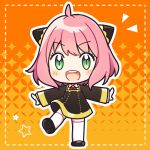  1girl :d ahoge anya_(spy_x_family) bangs black_dress black_footwear blush chibi collared_shirt commentary_request dotted_line dress eyebrows_visible_through_hair green_eyes long_sleeves looking_at_viewer multicolored_hair orange_background outline pink_hair round_teeth ryuuka_sane shirt shoes sleeves_past_wrists smile solo spy_x_family standing standing_on_one_leg teeth thighhighs two-tone_hair upper_teeth white_legwear white_outline white_shirt 