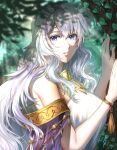  1girl bare_shoulders breasts circlet cleavage dappled_sunlight deirdre_(fire_emblem) delsaber dress fire_emblem fire_emblem:_genealogy_of_the_holy_war forest grey_hair highres large_breasts long_hair looking_at_viewer nature outdoors purple_eyes shade shiny shiny_hair sleeveless sleeveless_dress solo sunlight tree tree_shade upper_body very_long_hair white_dress 