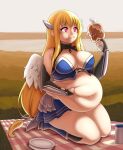  belly big_belly big_breasts blonde_hair breasts cakecatboy eating female food hair holding_belly humanoid kneeling meat overweight overweight_female picnic pink_eyes smile solo thick_thighs unknown_character winged_humanoid wings 