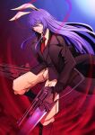  1girl absurdres animal_ears bangs black_footwear black_jacket blazer closed_mouth collared_shirt english_commentary gun highres holding holding_gun holding_weapon jacket long_hair looking_at_viewer necktie pants pink_pants purple_hair rabbit_ears red_eyes red_necktie reisen_udongein_inaba shirt solo standing touhou weapon weedhollow_(dokuran) white_shirt 