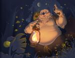  2022 anthro belly big_belly blue_eyes blush bottomwear clothing detailed_background humanoid_hands kemono male mammal moon night outside overweight overweight_male pants plant shirt solo star topwear tree zi_ran 