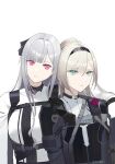  2girls absurdres ak-12_(girls&#039;_frontline) an-94_(girls&#039;_frontline) aqua_eyes armor artist_name bangs blonde_hair blue_gloves breasts chilli_646 closed_mouth defy_(girls&#039;_frontline) eyebrows_visible_through_hair girls&#039;_frontline gloves hair_ribbon hairband harness highres long_hair long_sleeves looking_at_viewer medium_breasts mod3_(girls&#039;_frontline) multiple_girls open_mouth pink_eyes ponytail ribbon shirt small_breasts tactical_clothes upper_body white_background white_hair white_shirt 