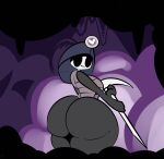  1-upclock 2022 anthro anthrofied arthropod big_breasts big_butt black_eyes blush breasts butt clothing exoskeleton female grey_body grey_clothing grey_exoskeleton grey_headwear headgear headwear hi_res holding_object holding_pickaxe hollow_knight huge_butt huge_thighs insect looking_at_viewer looking_back mining_helmet myla_(hollow_knight) no_pupils pickaxe rear_view solo team_cherry thick_thighs video_games white_body white_exoskeleton 