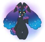  2022 anthro black_body black_sclera breasts cosmic_fur cosmog featureless_breasts featureless_crotch female flat_chested fluffy_ears fusion lagomorph lavenderaraliya legendary_pok&eacute;mon leporid looking_at_viewer lopunny mammal nintendo open_mouth pok&eacute;mon pok&eacute;mon_(species) pok&eacute;mon_fusion rabbit simple_background solo thigh_gap video_games white_background wide_hips yellow_eyes 