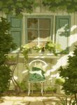  absurdres building bulbasaur bush chair claws closed_eyes colored_skin commentary_request curtains dappled_sunlight day fantasy green_skin highres hyogonosuke nature no_humans outdoors plant pokemon pokemon_(creature) potted_plant scenery sleeping sunlight vines window windowsill wooden_wall 