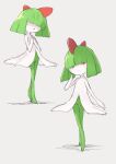  colored_skin commentary_request full_body green_hair green_skin hair_over_eyes highres kirlia looking_at_viewer medium_hair multicolored_skin multiple_views pokemon pokemon_(creature) red_eyes ripu_(lipi) solo standing two-tone_skin white_skin 
