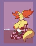 absurd_res animal_print anthro arm_warmers armwear big_breasts breasts clothing cow_print delphox digital_media_(artwork) ear_tag female fluffy fluffy_tail hi_res huge_breasts inner_ear_fluff legwear mature_female nintendo nipples nokamiwd nude pasties pok&eacute;mon pok&eacute;mon_(species) simple_background slightly_chubby smile solo stockings text thick_thighs tuft video_games 
