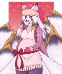  absurd_res anthro big_breasts black_hair breasts canid canine christmas christmas_clothing christmas_headwear cleavage clothed clothing felureii female fox fox_spirit fur gloves hair handwear headgear headwear hi_res holidays leggings legwear mammal mature_female mother multi_tail multicolored_tail parent pregnant seishin_yukiyama simple_background solo white_body white_fur white_hair winter zero_pictured 