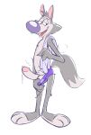  absurd_res anthro barefoot bodily_fluids briefs canid canine canis chip_the_wolf clothed clothing clothing_pull cookie_crisp cum feet fur genital_fluids genitals grey_body grey_fur half-closed_eyes hi_res male mammal markydraws narrowed_eyes penis purple_briefs simple_background smile solo steam tan_body tan_fur teeth_showing tongue_showing toony topless towel underwear underwear_only underwear_pull white_background wolf 