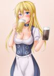  1girl alcohol anti_(untea9) apron barmaid beer beer_mug bismarck_(kancolle) blonde_hair blue_choker blue_dress blue_eyes blush breasts choker cleavage corset cowboy_shot cup dirndl dress drink german_clothes gradient gradient_background hair_between_eyes highres kantai_collection long_hair looking_at_viewer medium_breasts mug pink_background puffy_short_sleeves puffy_sleeves short_sleeves solo traditional_clothes twitter_username underbust 