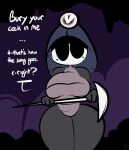  1-upclock 2022 4_fingers anthro anthrofied arthropod big_breasts black_eyes blush breasts clothing dialogue english_text exoskeleton fingers front_view grey_body grey_clothing grey_exoskeleton grey_headwear headgear headwear hi_res holding_pickaxe hollow_knight huge_thighs insect looking_at_viewer mining_helmet myla_(hollow_knight) no_pupils pickaxe profanity talking_to_viewer team_cherry text thick_thighs video_games wide_hips 