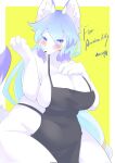  anthro apron big_breasts biped blue_hair blush breasts canid canine clothing female fox fur hair hi_res kemono lily_mari long_hair mammal mostly_nude smile solo ukenya white_body white_fur 