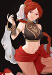  1girl bare_shoulders braid braided_ponytail breasts earrings ebinku fire_emblem fire_emblem:_the_sacred_stones harem_pants highres hoop_earrings jewelry large_breasts long_hair looking_at_viewer pants red_eyes red_hair smirk tethys_(fire_emblem) very_long_hair 