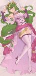  1girl boots dress ebinku green_eyes green_hair highres jewelry long_hair looking_at_viewer lying nagi_(fire_emblem) necklace on_back pink_dress pink_sash pointy_ears purple_sleeves sash thigh_boots thighhighs very_long_hair white_footwear 