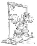  2022 anthro belatrix_(northern-crosshair) bodily_fluids bottomless breasts cleavage_cutout clothed clothing equid equine exercise female flinters greyscale hi_res hooves horn mammal monochrome navel shirt solo sweat tank_top topwear unicorn unicorn_horn weightlifting workout 