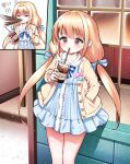  1girl blonde_hair blue_bow blue_dress blush bow bowtie cardigan closed_eyes coffee collar color_request commentary_request cup dress drinking drinking_straw_in_mouth frilled_collar frills futaba_anzu hair_bow hand_in_pocket highres holding holding_cup ice idolmaster idolmaster_cinderella_girls ine_(ineinnen) long_hair low_twintails multiple_views neckerchief pleated_dress sailor_collar sailor_dress sidelocks spit_take spitting standing translation_request twintails white_dress 