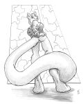  2022 anthro bottomless breasts butt clothed clothing digitigrade domestic_cat felid feline felis female flinters genitals greyscale hi_res long_tail looking_at_viewer looking_back looking_back_at_viewer low-angle_view mammal monochrome pussy rear_view solo worm&#039;s-eye_view 