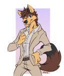  absurd_res anthro belt bottomwear canid canine clothed clothing dress_shirt fox hi_res kingdomblade male mammal multicolored_body one_eye_closed pants shirt smile smirk solo suit suit_jacket topwear 