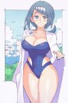  1girl blue_eyes blue_hair blue_nails blue_swimsuit breasts cleavage closed_mouth cosplay covered_navel highres inkerton-kun labcoat lana&#039;s_mother_(pokemon) large_breasts long_hair looking_at_viewer mature_female one-piece_swimsuit outdoors philena_ivy philena_ivy_(cosplay) pokemon pokemon_(anime) pokemon_(classic_anime) pokemon_sm_(anime) smile solo strapless strapless_swimsuit sweat swimsuit symbol-only_commentary thighs 
