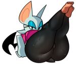  anthro barefoot big_butt bodily_fluids breasts butt camel_toe chiropteran clothing feet female fiinel leggings legs_up legwear looking_at_viewer lying mammal rouge_the_bat sega simple_background solo sonic_the_hedgehog_(series) sweat thick_thighs wide_hips wings 