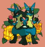  2boys animal_ears animal_feet animal_hands black_fur blue_fur body_fur closed_mouth collaboration colorized commentary_request eye_contact flower full_body furry furry_male grdg hand_up holding holding_flower izumi_asuka locked_arms looking_at_another looking_to_the_side lucario male_focus multiple_boys open_mouth pokemon pokemon_(creature) red_background red_eyes red_flower red_rose rose snout spikes standing sweat tail thorns white_flower white_rose wolf_boy wolf_ears wolf_tail yaoi yellow_flower yellow_fur yellow_rose 