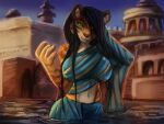  anthro big_breasts black_hair breasts brown_body brown_fur day digital_media_(artwork) felid female fur general-irrelevant green_eyes hair long_hair looking_at_viewer mammal navel outside pantherine smile solo striped_body stripes tiger water wet 